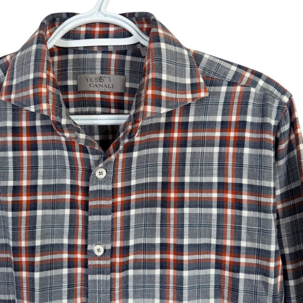 Canali Blue Gray and Orange Plaid Flannell Button-Down Shirt